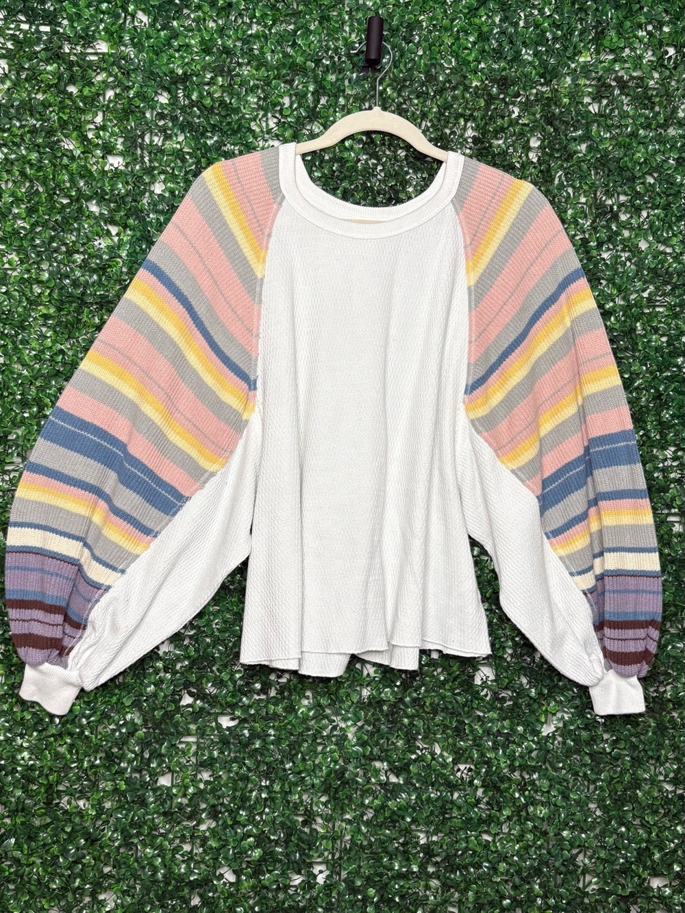 We The Free Cream Top with Pastel Striped Balloon Sleeves